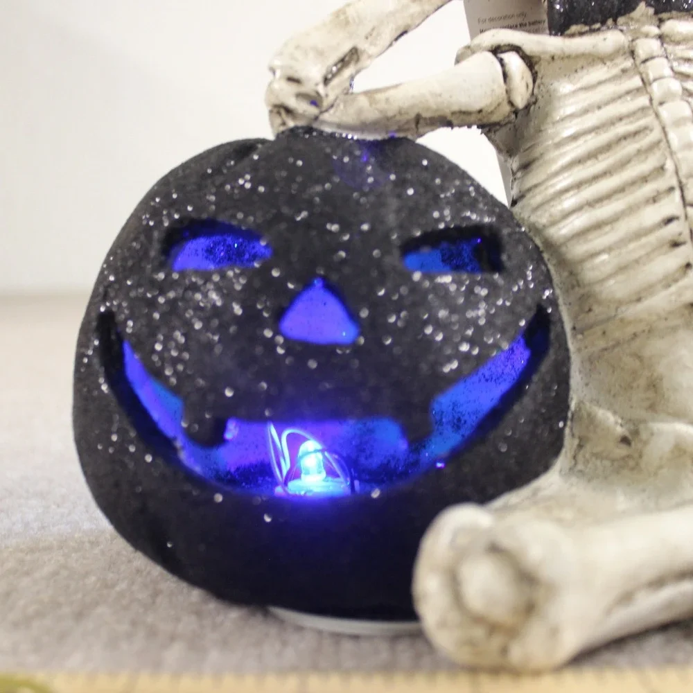 Halloween Skeleton Figurine Top Hat Glitter Pumpkin Light Up LED Decor 8.5in